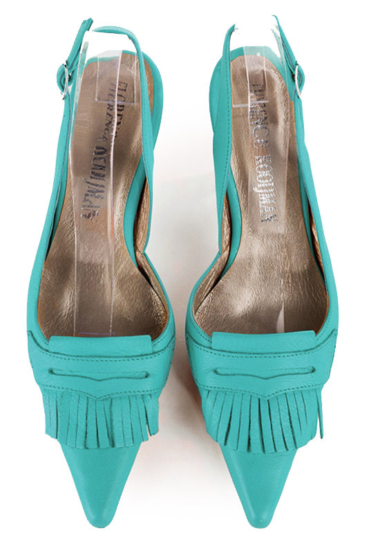 Aquamarine blue women's slingback shoes. Pointed toe. High spool heels. Top view - Florence KOOIJMAN